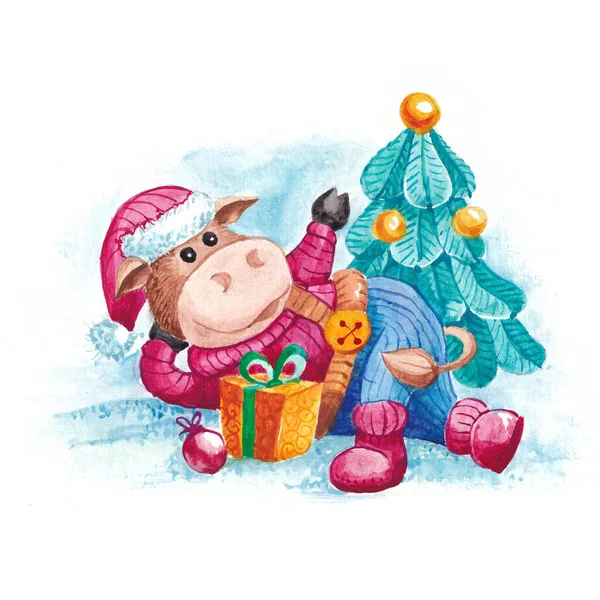 2021 'in sembolü. Boğa yılı. Komik inek. Elle çizilmiş suluboya çiftlik hayvanı çizimi.