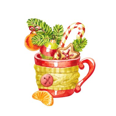  İçinde bir parça mandalina ve Noel süslemeleri olan bir eşarp, bir köknar dalı, Noel topları ve zencefilli ekmek..