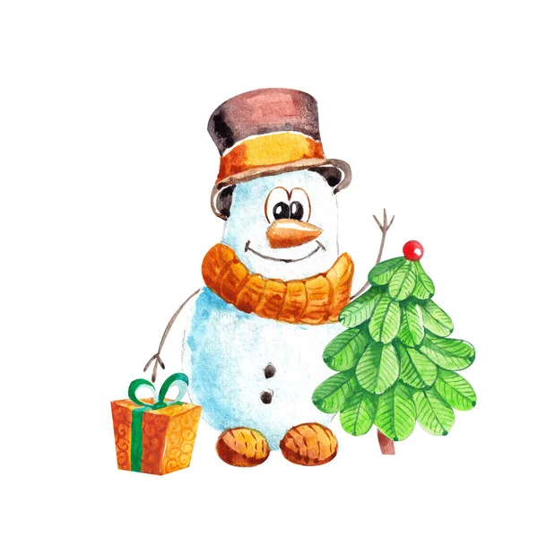 Grappige Sneeuwpop Een Hoed Met Een Kerstboom Een Cadeau Nieuwjaar — Stockfoto