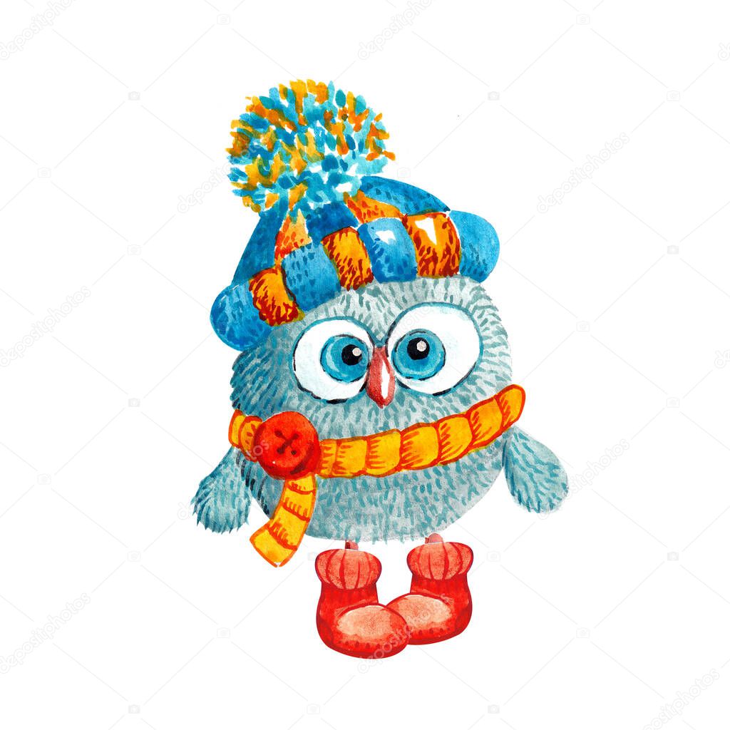 Owl in a knitted hat with a pompom and scarf on a white background.