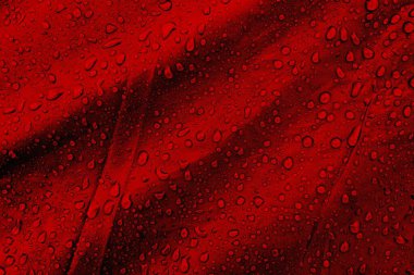 Kumaşın üzerine su damlaları. Kırmızı arka planda su damlaları. Yoğunlaş. Su damlaları arka plan. 