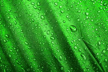 Kumaşın üzerine su damlaları. Yeşil arka planda su damlaları. Yoğunlaş. Su damlaları arka plan. 