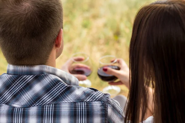 guy and girl on a picnic. couple in the field. couple at sunset. bride and groom drink wine