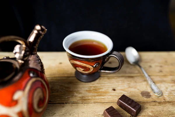 Tee Teekanne Und Süßigkeiten Wunderschönes Vintage Teeservice Und Einen Silbernen — Stockfoto