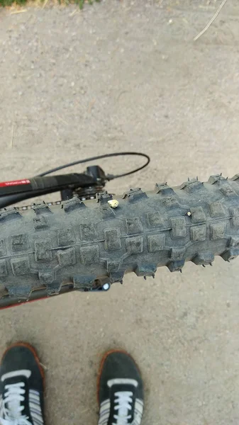Patlak bir bisiklet lastiği. Spor ayakkabılar. Dikenler bisiklet tekerleğinden sarkıyor.