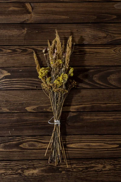 Dried Bouquet Table Dry Wildflowers Wooden Background Autumn Still Life — Stock Photo, Image