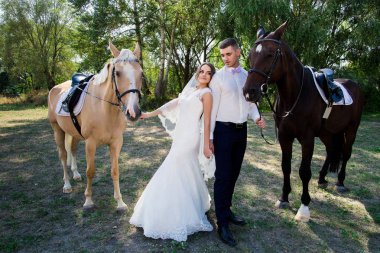 Gelin ve damat atlarla ormanda. Düğün çifti. Doğada güzel portre