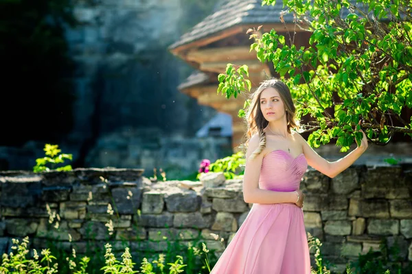 Romantisches Porträt einer jungen Frau in luftigem rosa Kleid auf ländlichem Hintergrund — Stockfoto