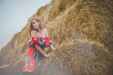 Güneşli gün saman yığınında Tarih mutlu bir kadın. Güzellik romantik kız açık havada karşı. Seksi esmer haystacks bir alana ait fotoğraf