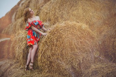 Güneşli gün saman yığınında Tarih mutlu bir kadın. Güzellik romantik kız açık havada karşı. Seksi esmer haystacks bir alana ait fotoğraf