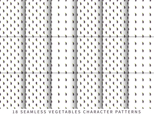 Ensemble Motifs Vectoriels Sans Couture Avec Jolis Personnages Légumes Aubergines — Image vectorielle