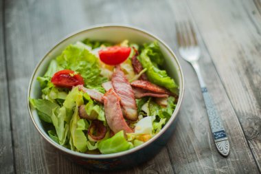 Pastırmalı taze sebze salatası. Evde pişirilmiş Sezar salatası.