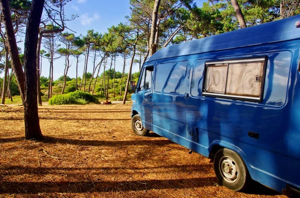 Widok Van Niebieski Środku Natury Camping Lesie Campervan Podróż Koncepcja — Zdjęcie stockowe