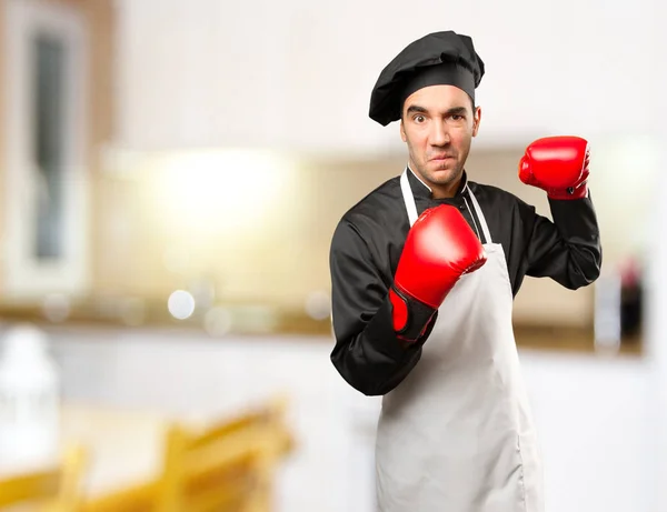 Angry chef using a boxing gloves