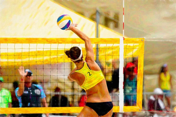 Female Volleyball Player Rises Net Spike Ball — Stock Photo, Image