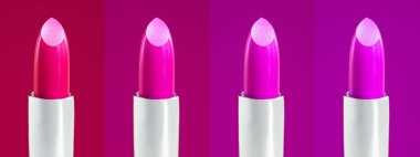 Ruj renkli arkaplanda izole edilmiş. Kırmızı, pembe, şarap, vinous. Renkli Tonlar, Ruj Renkli Palet, Profesyonel Makyaj ve Güzellik. Güzel makyaj konsepti. Dudak parlatıcısı.