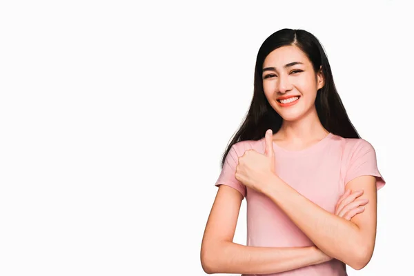 Gesturing Donna Sfondo Bianco Giovane Bella Donna Asiatica Con Indosso — Foto Stock