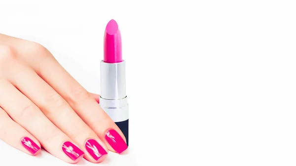 Hand Holding Pink Lipstick Isolated White Background Copy Space — Stock Photo, Image