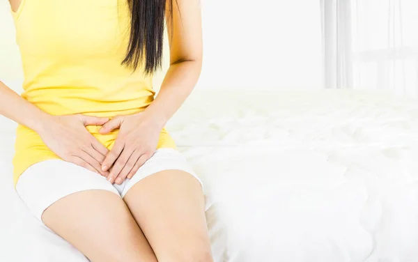 Young Asian Woman Wearing Yellow Undershirt Sitting White Bed Window — Stock Photo, Image