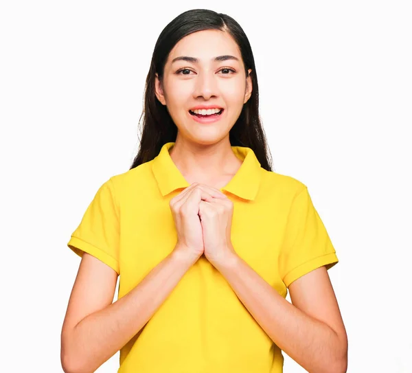 Giovane Intelligente Bella Donna Asiatica Indossava Shirt Gialla Sorridente Fiducia — Foto Stock