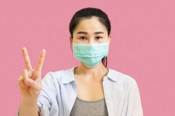 Jeune Femme Asiatique Portait Maillot Gris Chemise Bleue Masques Protection — Photo