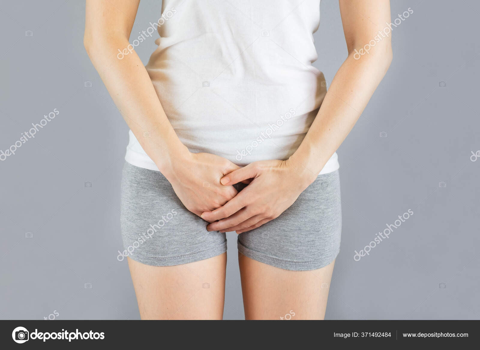 Woman Wore Gray Shorts Put Her Hand Genitalia Area Female Stock Photo by  ©patchananp.gmail.com 371492484