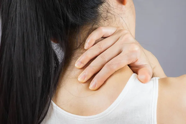 Selective Focus Woman Neck Pain Acute Pain Female Nape Holding — Stock Photo, Image