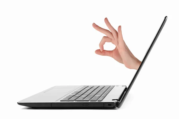 Side Black Laptop Finger Marked Protruding Screen Isolated White Background — Stock Photo, Image