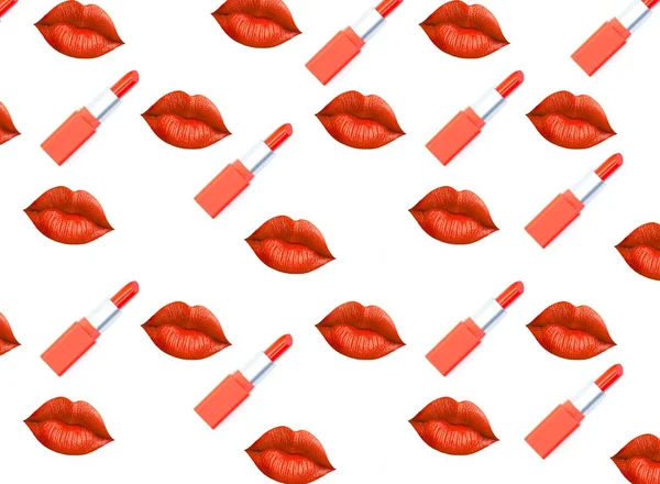 Woman's lip set.The lip prints of red different women and lipstick on a white background,Kiss Lips, Girl Mouth. Makeup pattern with red lips, fashion wallpaper.