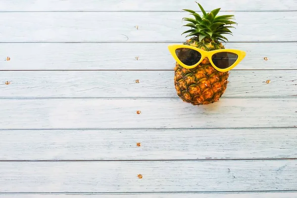 Pineapple Wooden Blue Background Copy Space — Stock Photo, Image