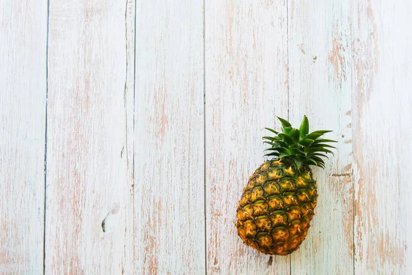 Pineapple Wooden Blue Background Copy Space — Stock Photo, Image