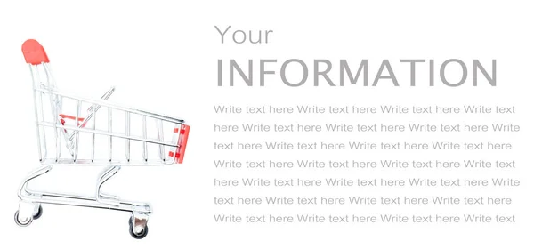 Rode Trolley Witte Achtergrond Isolatie Winkelconcept Ruimte Voor Tekst — Stockfoto