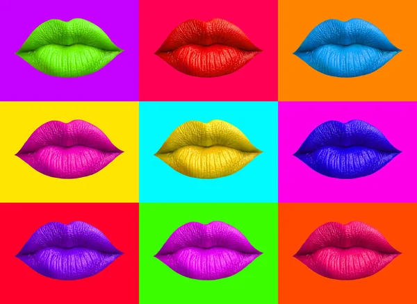 Lipafdrukken Van Vrouwen Een Kleurrijke Achtergrond Girl Mouth Schoonheid Make — Stockfoto