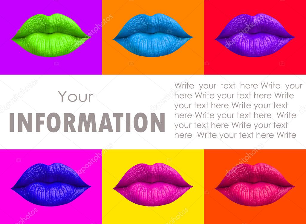 The lip prints of women on colorful background,Girl Mouth. Beauty and Makeup concept, space for text