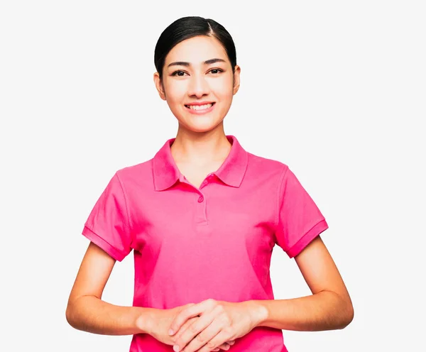 Sentindo Retrato Jovem Inteligente Bela Mulher Asiática Usava Camiseta Rosa — Fotografia de Stock