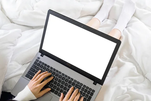 Top View Mockup Image Woman Sitting Bed Using Typing Laptop — Stock Photo, Image