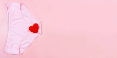 Üst manzara pembe iç çamaşırı ve kırmızı kalp izole edilmiş arka plan fotokopi alanı. Kadın hijyeni, kritik günler kavramı, adet görme, sağlık hizmetleri.