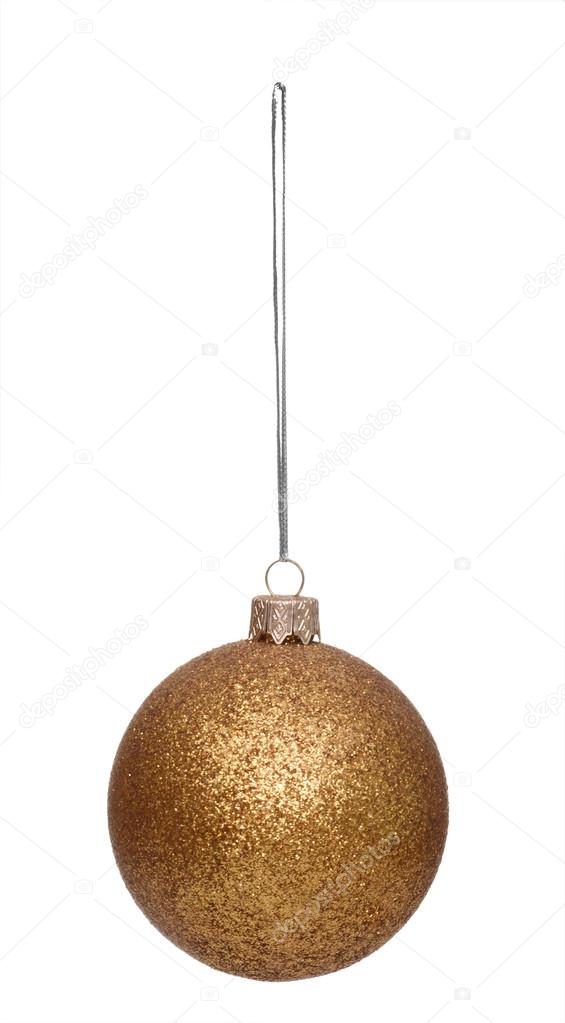 Hanging gold christmas ball isolated on white background