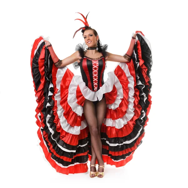 Hermosa chica sonriente está bailando flamenco aislado en bac blanco — Foto de Stock