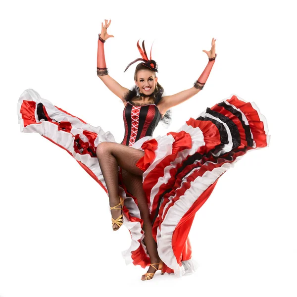 Hermosa chica sonriente está bailando flamenco aislado en bac blanco — Foto de Stock