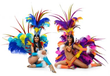 Smiling beautiful girls in a colorful carnival costume clipart
