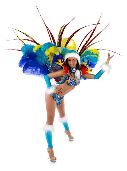 Усміхнена красива дівчина в барвистому карнавальному костюмі — стокове фото