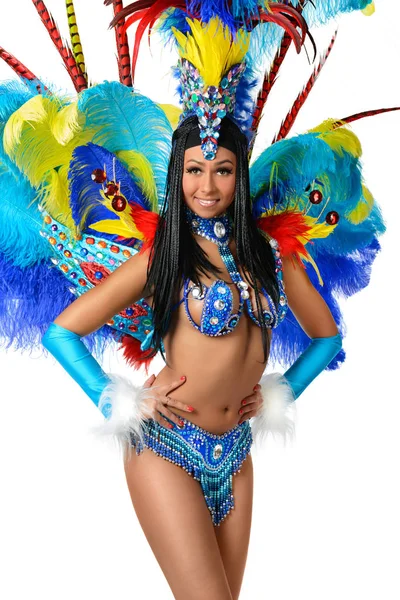 Smiling beautiful girl in a colorful carnival costume — Stock Photo, Image