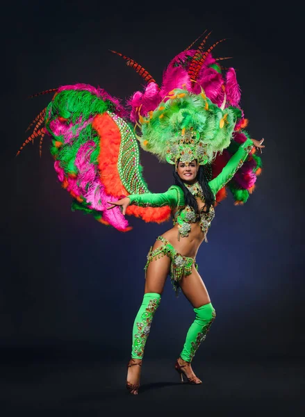 Мила молода дівчина в яскравому барвистому карнавальному костюмі на темній спині — стокове фото