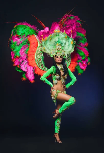 Мила молода дівчина в яскравому барвистому карнавальному костюмі на темній спині — стокове фото
