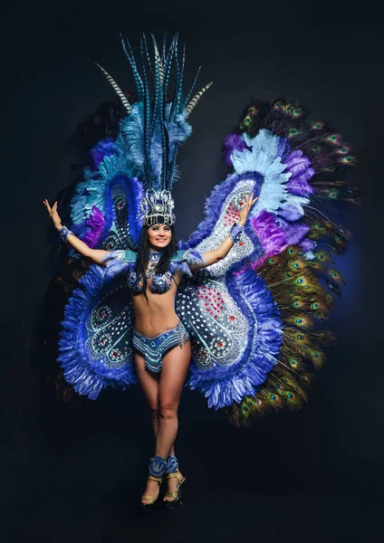 Linda chica joven en traje de carnaval de colores brillantes en la espalda oscura — Foto de Stock