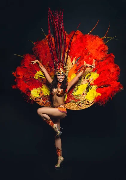 Linda chica joven en traje de carnaval de colores brillantes en la espalda oscura — Foto de Stock