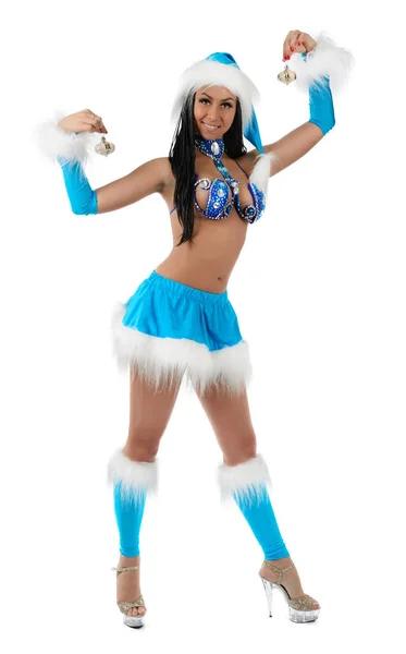 Mignonne fille sexy en costume de Noël bleu isolé sur fond blanc — Photo