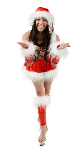 Carino ragazza sexy in costume di Natale isolato su sfondo bianco — Foto Stock