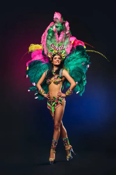 Милая молодая девушка в ярком красочном карнавальном костюме на темной спине Лицензионные Стоковые Изображения